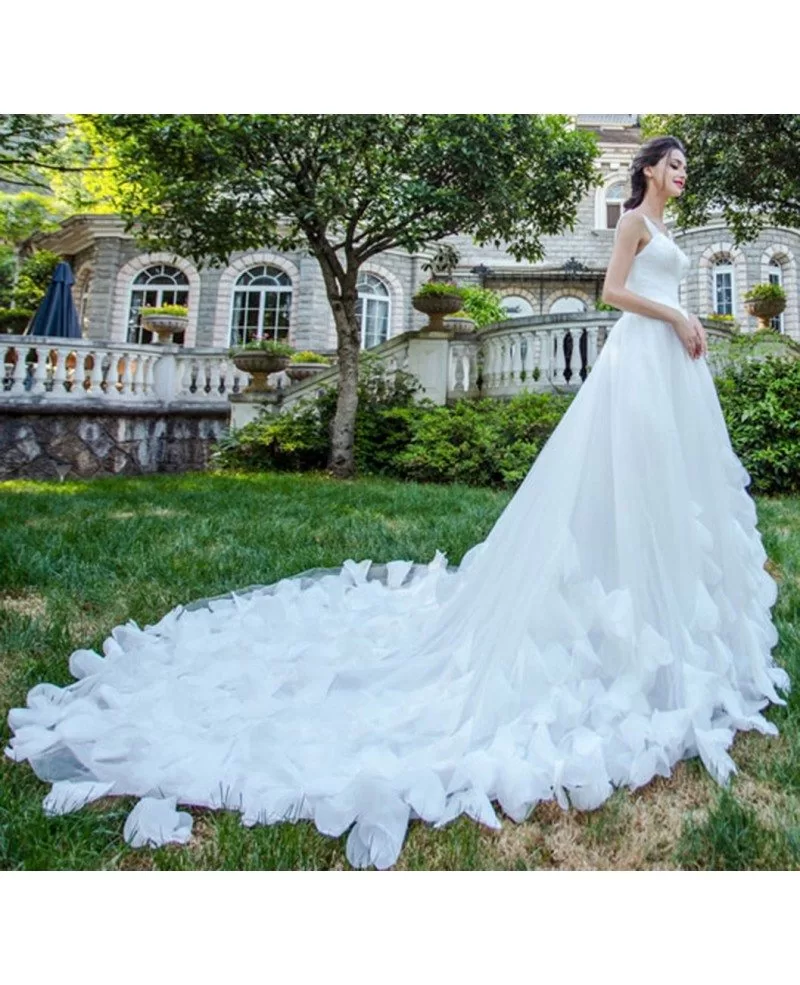 Inexpensive Fairy Petal Tulle Strap Wedding Dress With Long Train ...