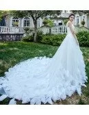 Inexpensive Fairy Petal Tulle Strap Wedding Dress With Long Train