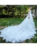 Inexpensive Fairy Petal Tulle Strap Wedding Dress With Long Train