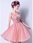 Super Cute Pink Tulle Prom Party Dress Short With Flowers