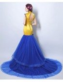 Vintage Fitted Gold Embridery Formal Dress With Blue Mermaid Skirt