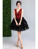 V Neck Black With Red Flowers Short Prom Party Dress Sleeveless