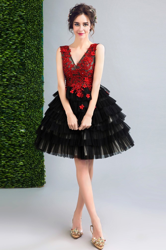 V Neck Black With Red Flowers Short Prom Party Dress Sleeveless ...