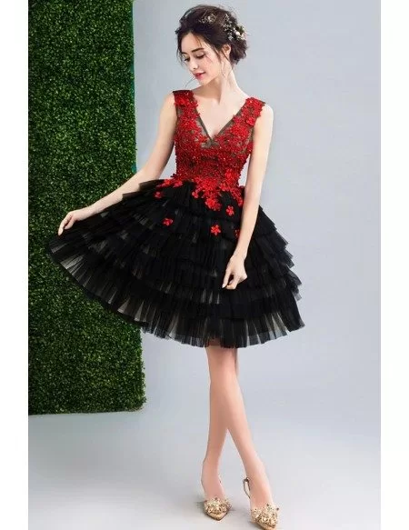 V Neck Black With Red Flowers Short Prom Party Dress Sleeveless