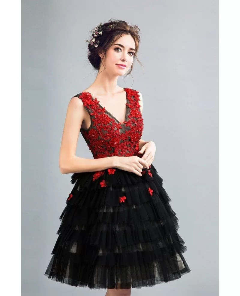 V Neck Black With Red Flowers Short Prom Party Dress Sleeveless ...