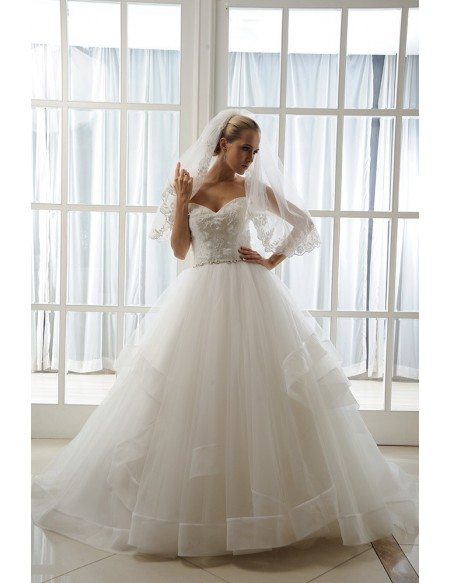 Ball-Gown Sweetheart Cathedral Train Tulle Wedding Dress With Beading Appliques Lace Ruffles