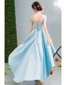Open Back Hi-lo Blue Satin Homecoming Dress With Lace Bodice