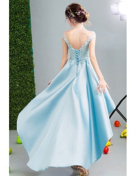 Open Back Hi-lo Blue Satin Homecoming Dress With Lace Bodice