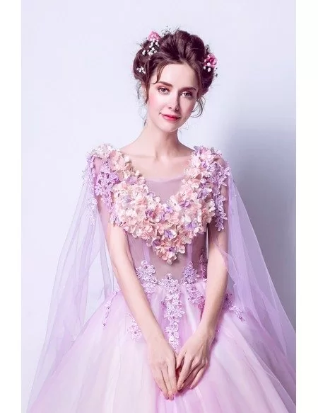 Romantic Floral Lilac Ball Gown Prom Dress With Flowing Tulle Sleeves