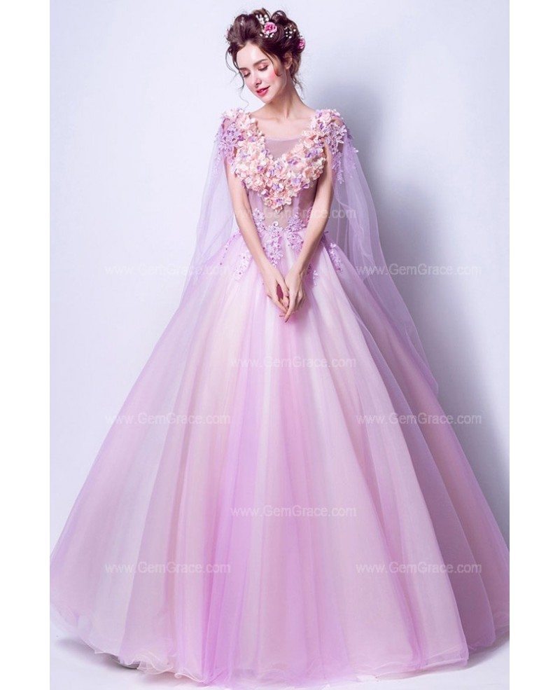 Romantic Floral Lilac Ball Gown Prom Dress With Flowing Tulle Sleeves ...