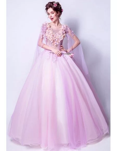 Romantic Floral Lilac Ball Gown Prom Dress With Flowing Tulle Sleeves