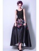Floral Printed Black Lace Formal Dress Long With Scoop Neck