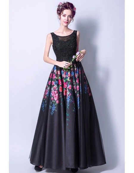 Floral Printed Black Lace Formal Dress Long With Scoop Neck