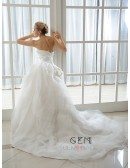 Ball-Gown Strapless Chapel Train Organza Wedding Dress With Beading Appliques Lace Ruffle