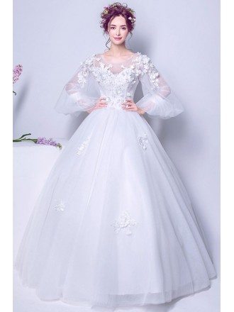 Puffy Sleeve Long White Floral Bridal Gown For 2019 Winter Wedding