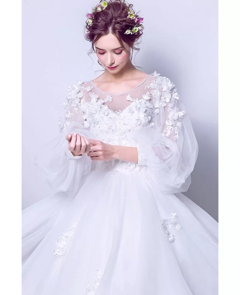 Puffy Sleeve Long White Floral Bridal Gown For 2019 Winter Wedding Wholesale T69450 GemGrace