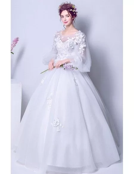 Puffy Sleeve Long White Floral Bridal Gown For 2019 Winter Wedding