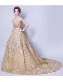 Sparkly Starry Gold Sequin Prom Dress Ball Gown With Off Shoulder Straps