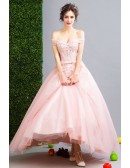 Blush Pink Lace Beaded Quinceanera Ball Gown Dress With Off Shoulder Straps