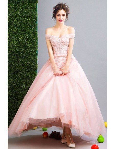 Blush Pink Lace Beaded Quinceanera Ball Gown Dress With Off Shoulder Straps