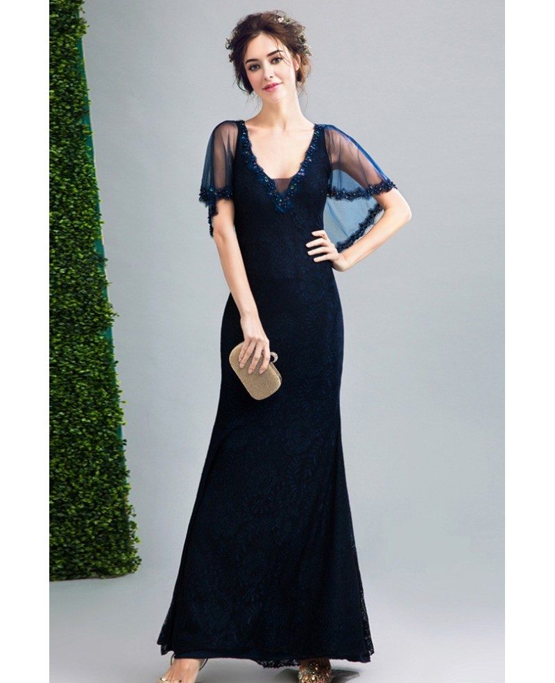 2019 Dark Navy Blue Lace Fitted Formal Dress Sweetheart With Cape Sleeves Wholesale T69456 GemGrace