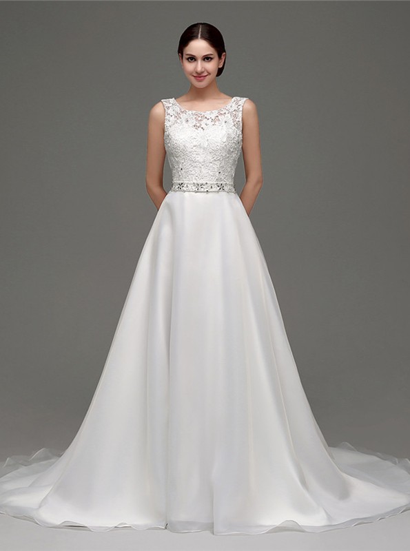 Modest A-Line Scoop Lace Court Train Wrap Wedding Dress With Sleeves OW266