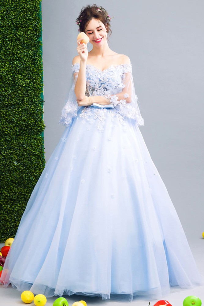 Off Shoulder Puffy Sleeve Blue Prom Dress Ball Gown With Beading Flower Wholesale T69459 3201