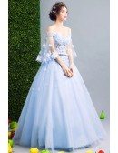 Off Shoulder Puffy Sleeve Blue Prom Dress Ball Gown With Beading Flower