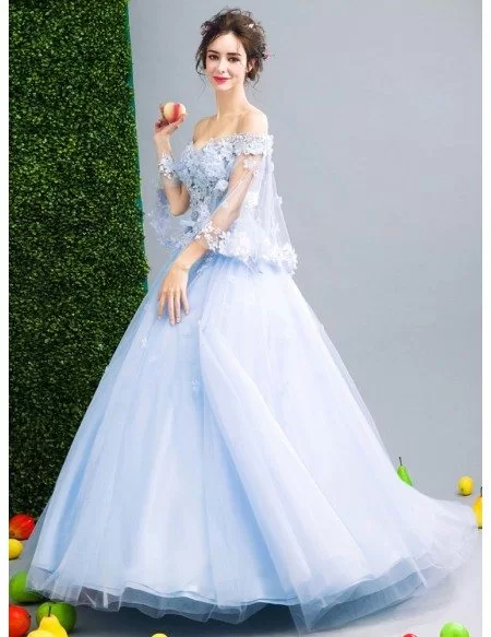 Off Shoulder Puffy Sleeve Blue Prom Dress Ball Gown With Beading Flower