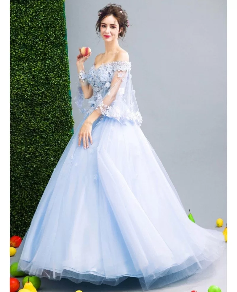 Off Shoulder Puffy Sleeve Blue Prom Dress Ball Gown With Beading Flower ...