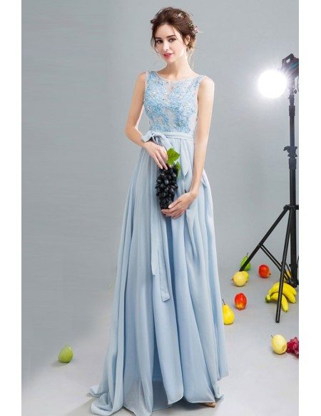 Flowy Blue Open Back Chiffon Prom Dress With Lace Beading Top