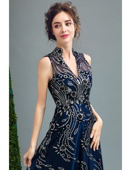Vintage Dark Blue Shining Embroidery Long Formal Dress With V-neck