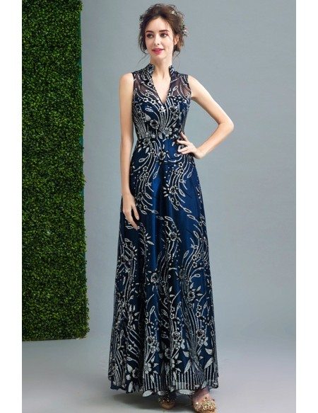 Vintage Dark Blue Shining Embroidery Long Formal Dress With V-neck
