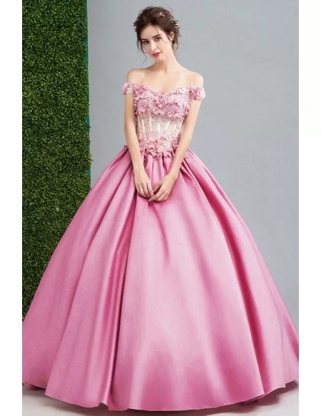 Fairy Pink Flower Beading Ballroom Prom Dress With Off Shoulder Straps