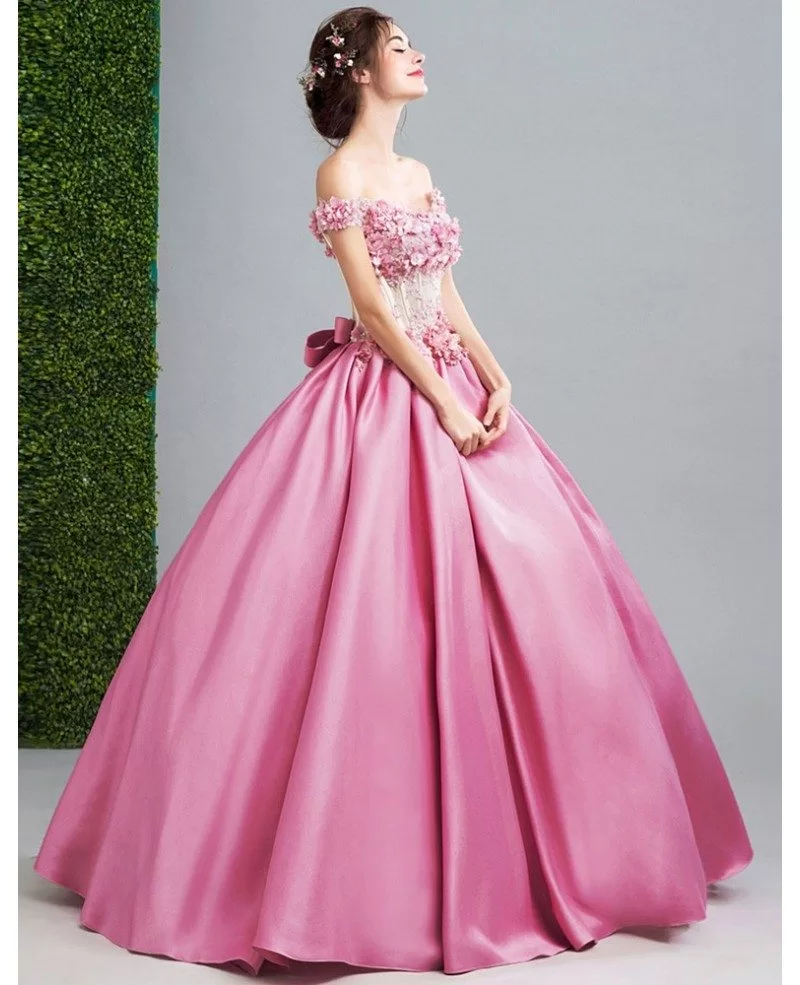 Fairy Pink Flower Beading Ballroom Prom Dress With Off Shoulder Straps ...