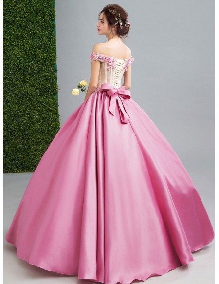 Fairy Pink Flower Beading Ballroom Prom Dress With Off Shoulder Straps