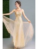 Sparkly Champagne Fitted Long Prom Dress Sleeveless With Sequins