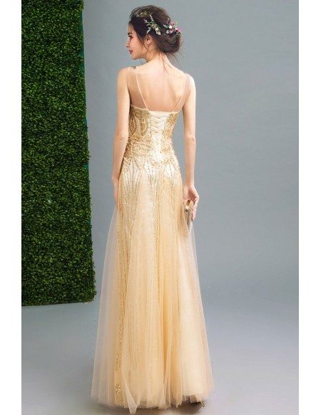 Sparkly Champagne Fitted Long Prom Dress Sleeveless With Sequins