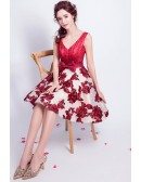 Unique Short Red Beaded Homecoming Prom Dress With Embroidery Skirt