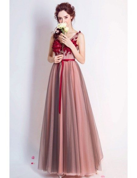 Blackish Red Backless Floral Prom Dress Long With Sweetheart Neck