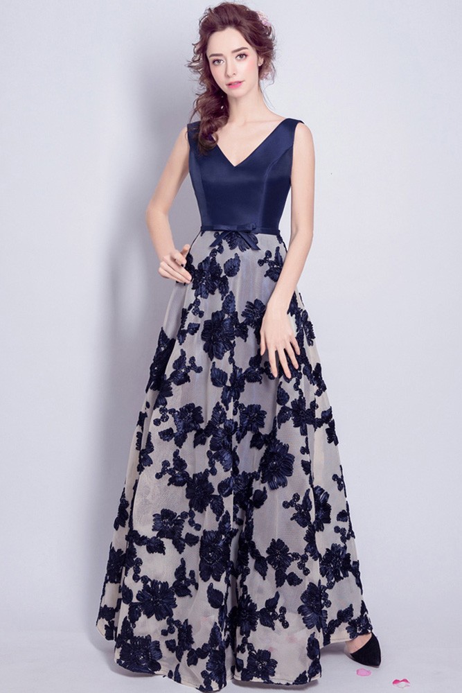 Special Embroidery Dark Blue Prom Dress Long With V Neck Wholesale # ...