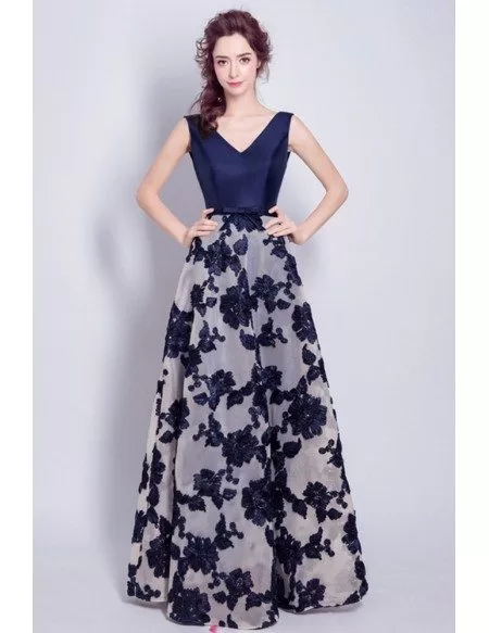 Special Embroidery Dark Blue Prom Dress Long With V Neck
