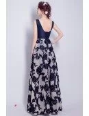 Special Embroidery Dark Blue Prom Dress Long With V Neck