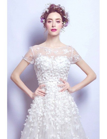 Elegant Flower Lace Bridal Dress With Cap Sleeves In Wholesale Price