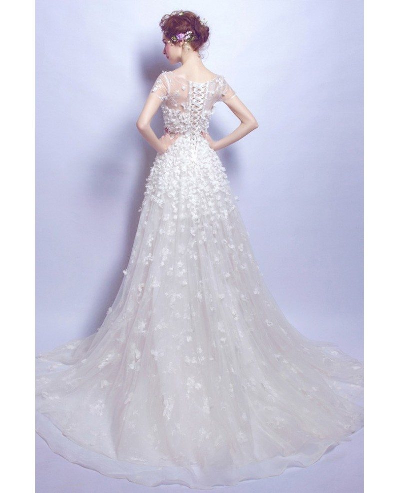 Elegant Flower Lace Bridal Dress With Cap Sleeves In