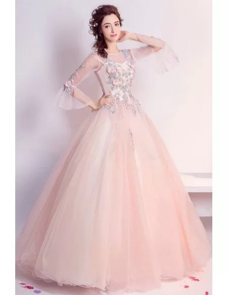 Floral Pink Ballroom Quinceanera Prom Dresses With Flare Sleeves