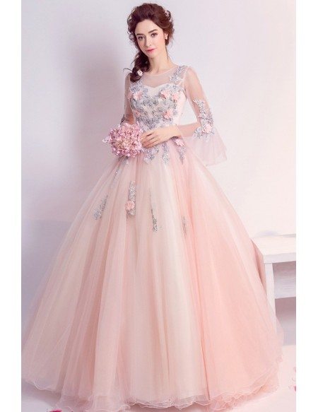 Floral Pink Ballroom Quinceanera Prom Dresses With Flare Sleeves ...