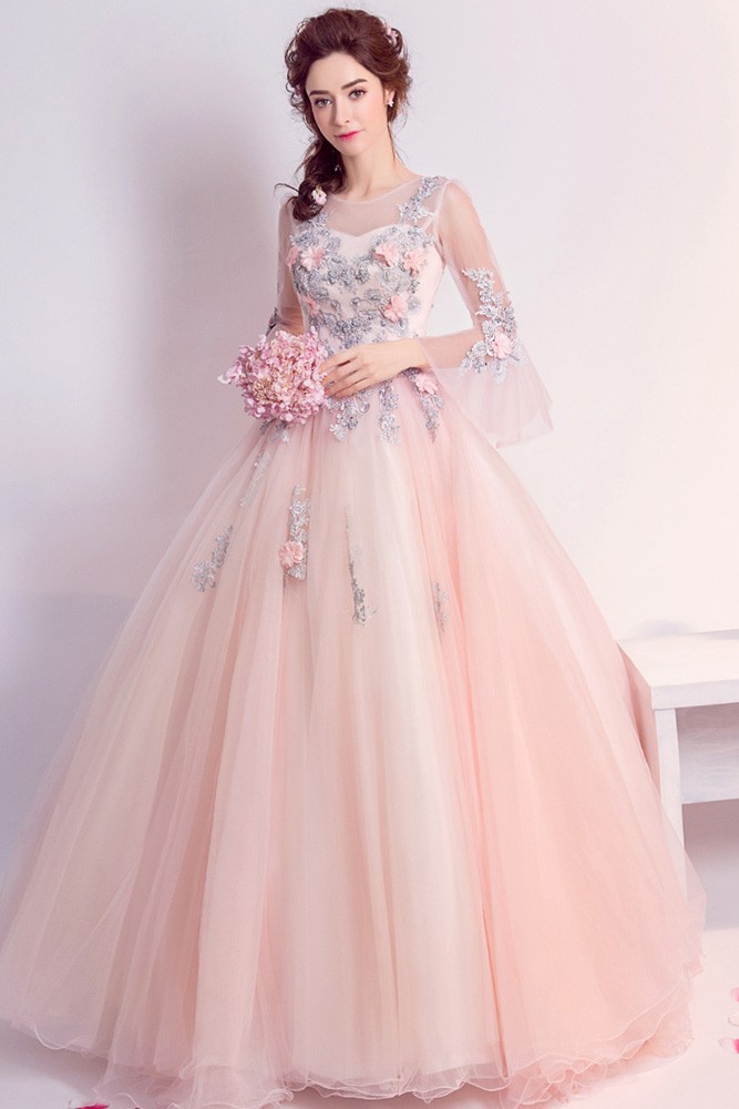 Floral Pink Ballroom Quinceanera Prom Dresses With Flare Sleeves ...