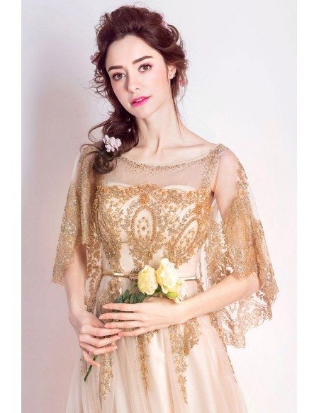 Sparkly Gold Long Pageant Formal Dress Sequined With Cape Sleeves