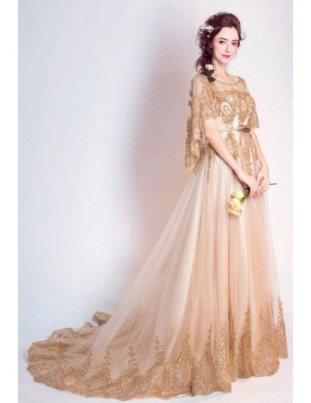 Sparkly Gold Long Pageant Formal Dress Sequined With Cape Sleeves